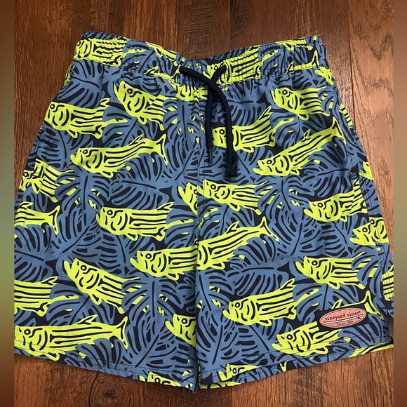 Vineyard Vines Fish Print Swim Shorts Blue and Green Size Small 8-10 - Picture 1 of 5